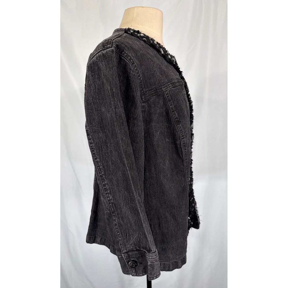 Ruby Rd 20W Black Embellished Denim Jacket Rhinestone Gem Ruffle 3/4 Sleeve‎ - Picture 5 of 11